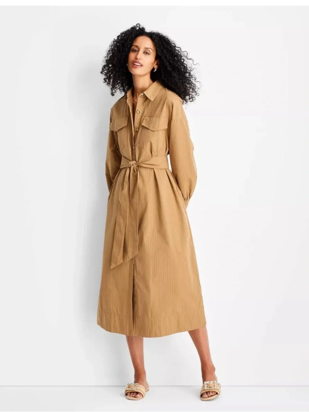 Tie-Waist Maxi Shirt Dress in Camel